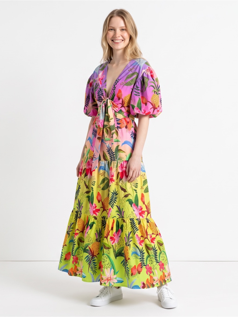 Colorful Tropical Floral Tie Front Puff Sleeve Maxi Dress